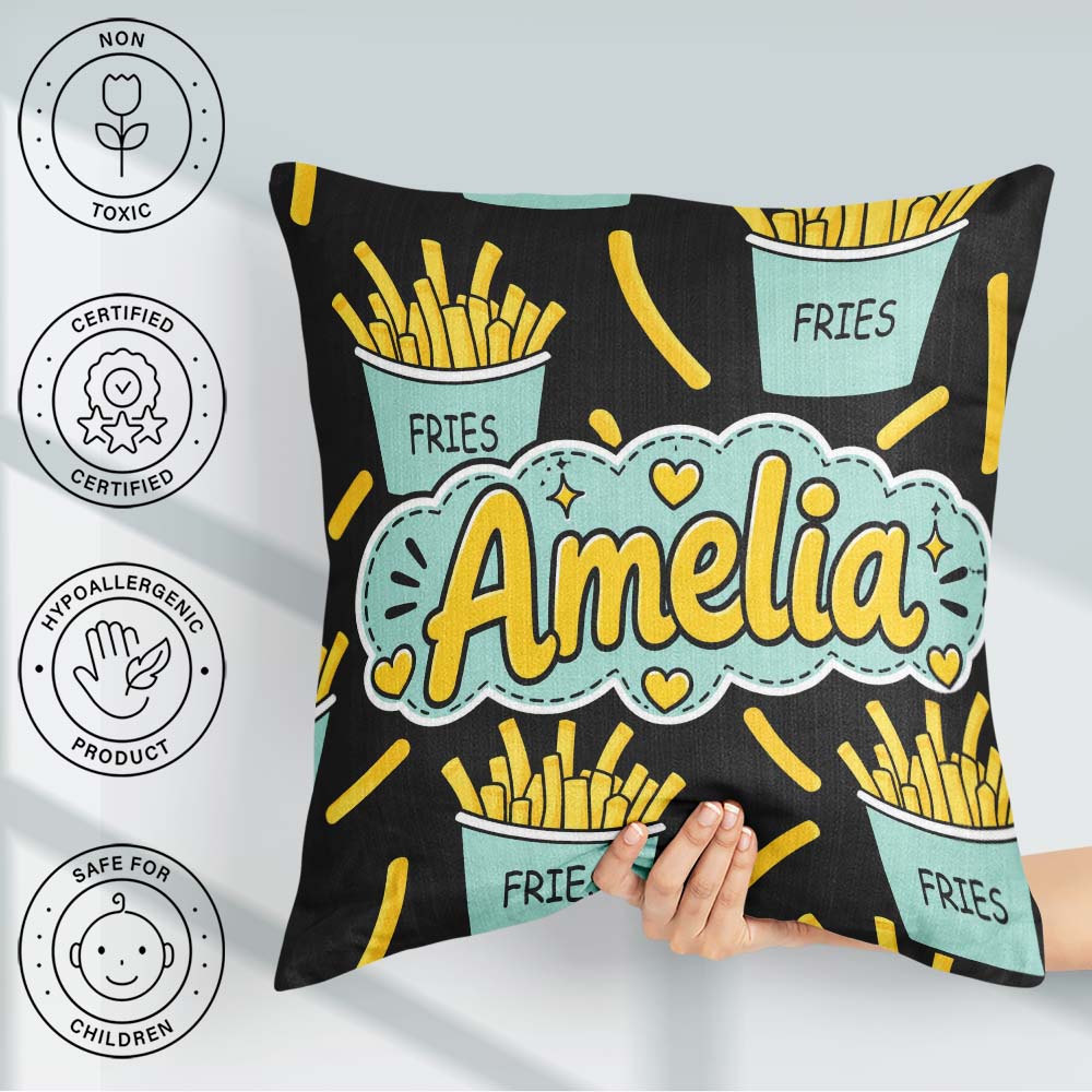 Custom Name Kawaii French Fries Fast Food Seamless Pattern White Square Filled Cushion Throw Pillow Sofa Bed Home Decor Zip Washable UK Made