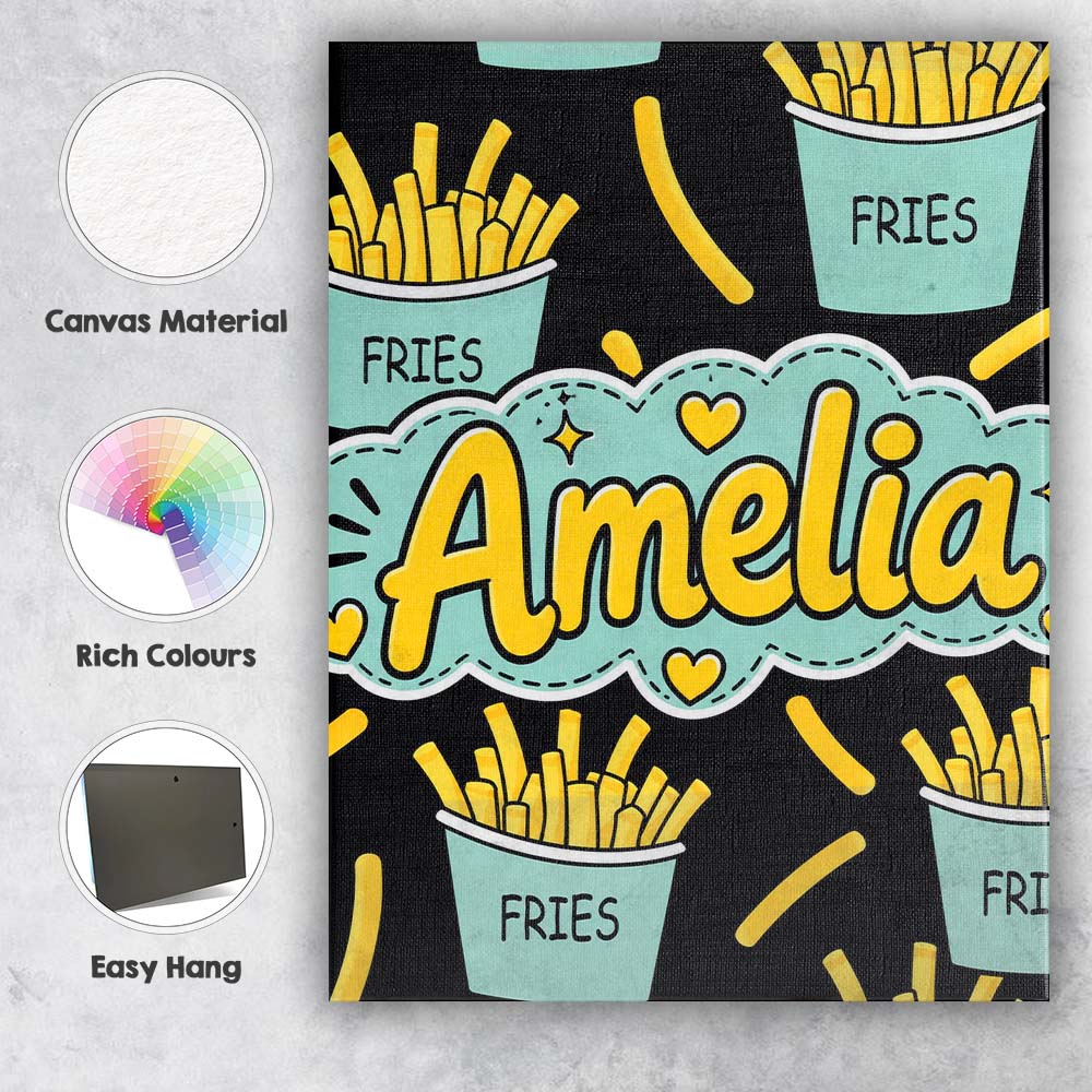 Personalised Name Cute Kawaii French Fries Custom  Unique Gift Idea Elegant Feature Canvas Wall Art Print Decor Picture Ready to Hang