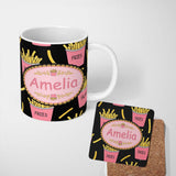 Personalized Custom Name Cute Kawaii French Fries Fast Food Seamless Pattern Pink White 11oz Ceramic Coffee Tea Mug White Large Handle