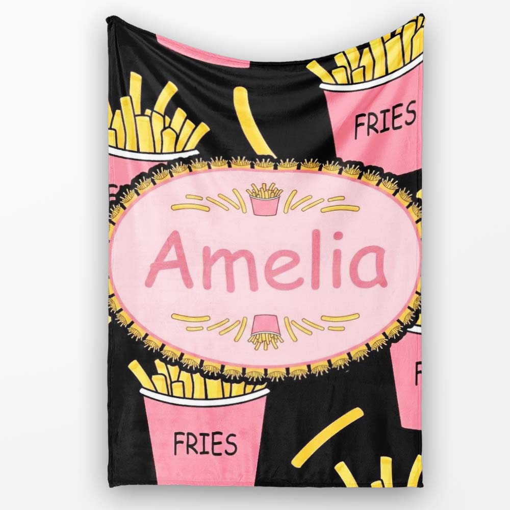 Cute Kawaii French Fries Fast Food Seamless Pattern Pink White  Personalised Custom Name Super Soft Fleece Blanket Bed Sofa Throw