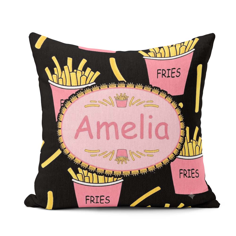 Custom Name Kawaii French Fries Fast Food Seamless Pattern White Square Filled Cushion Throw Pillow Sofa Bed Home Decor Zip Washable UK Made