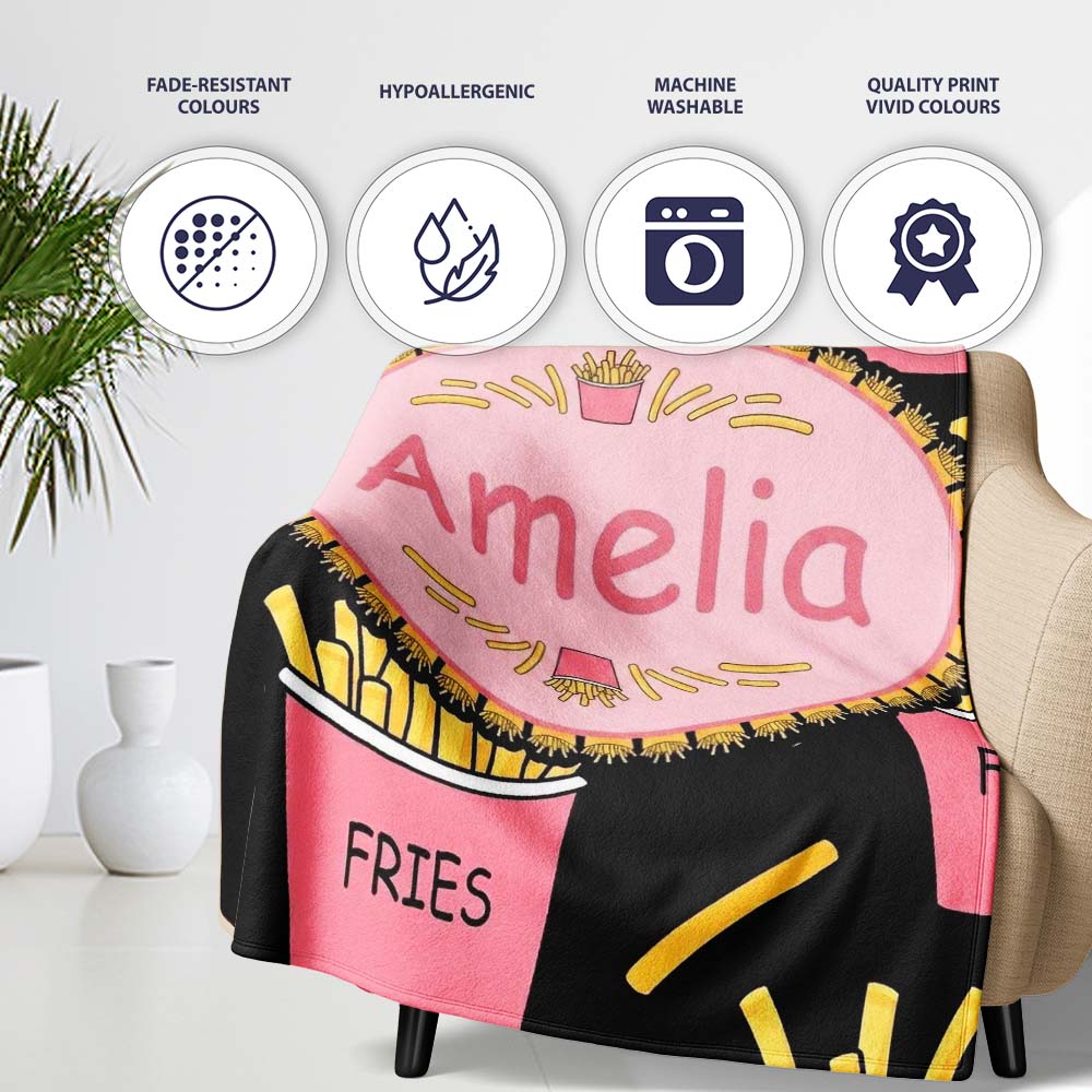 Cute Kawaii French Fries Fast Food Seamless Pattern Pink White  Personalised Custom Name Super Soft Fleece Blanket Bed Sofa Throw