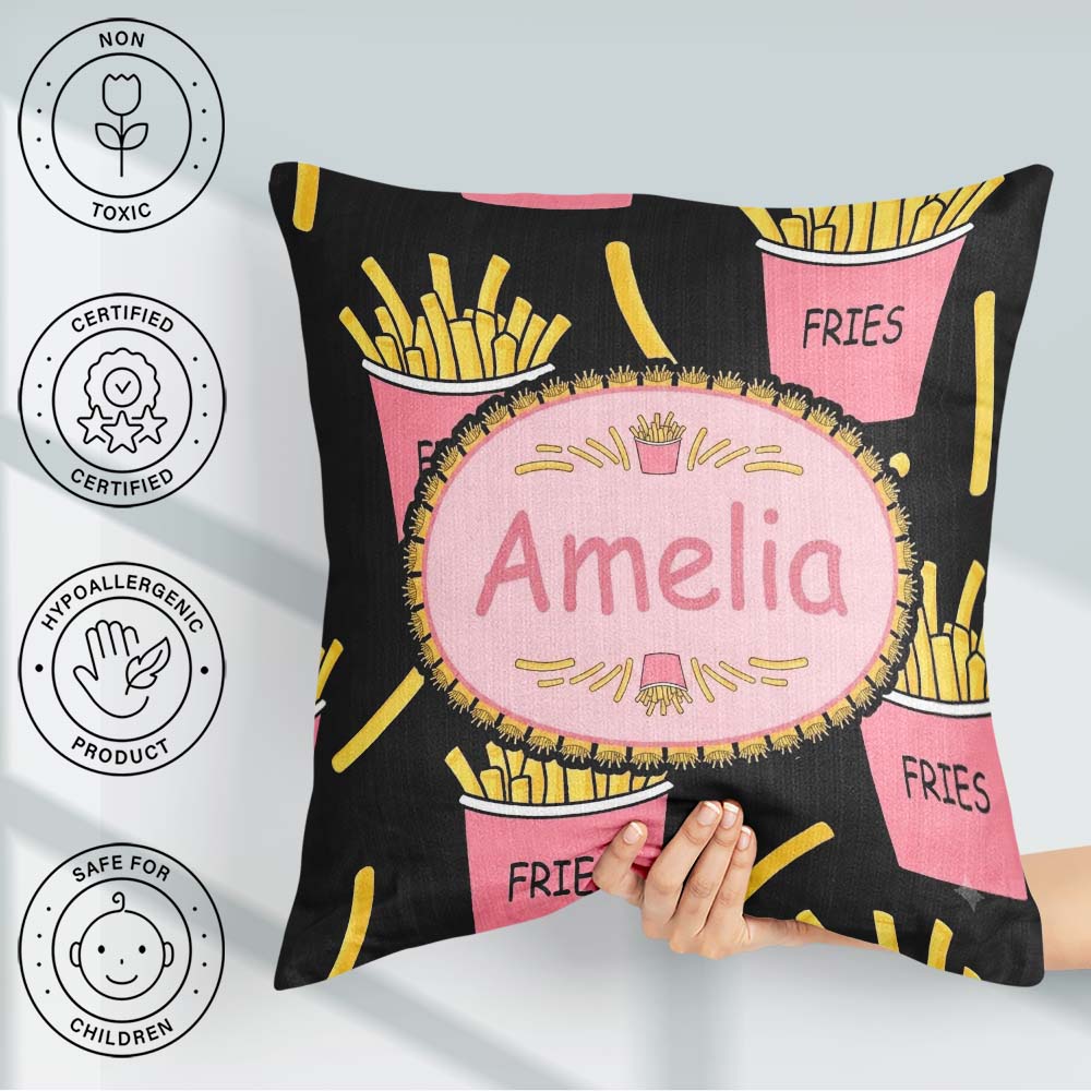 Custom Name Kawaii French Fries Fast Food Seamless Pattern White Square Filled Cushion Throw Pillow Sofa Bed Home Decor Zip Washable UK Made