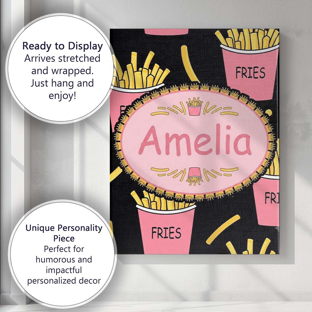 Personalised Name Cute Kawaii French Fries Custom  Unique Gift Idea Elegant Feature Canvas Wall Art Print Decor Picture Ready to Hang