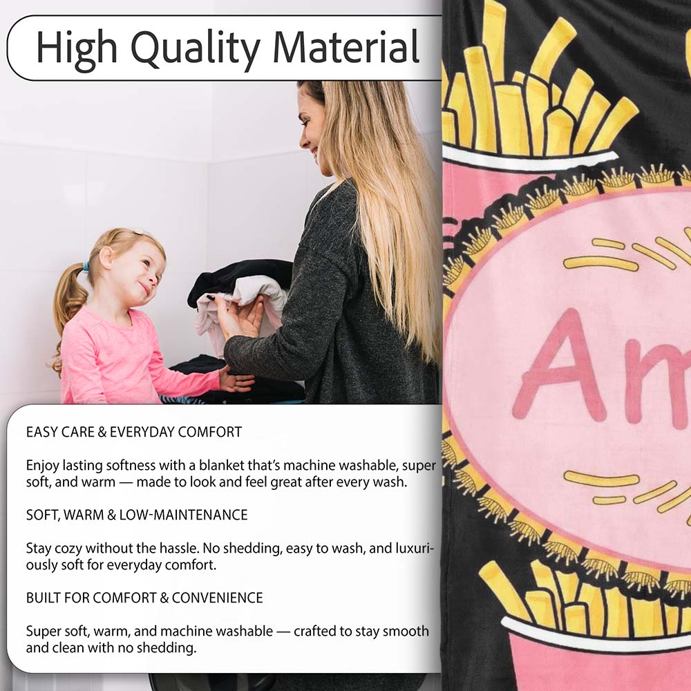 Cute Kawaii French Fries Fast Food Seamless Pattern Pink White  Personalised Custom Name Super Soft Fleece Blanket Bed Sofa Throw