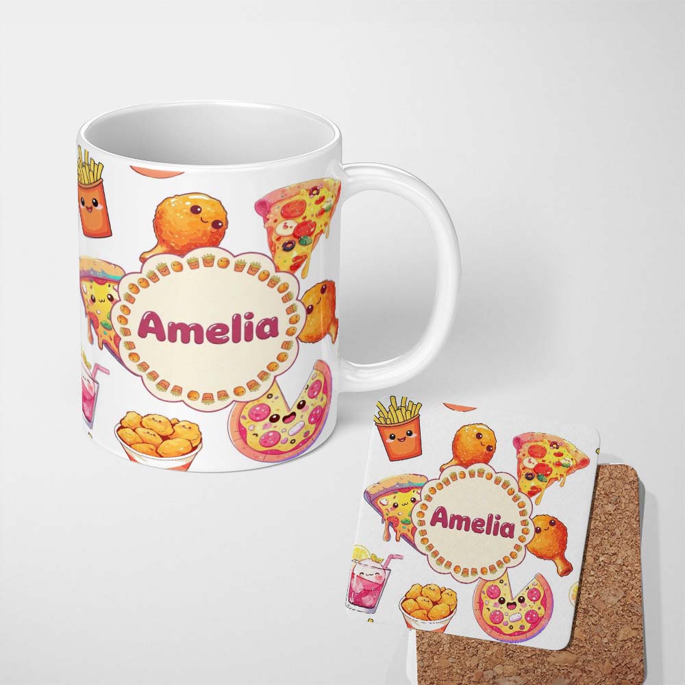 Personalized Custom Name Cute Kawaii Pizza Chicken Soda Fast Food Seamless Pattern White 11oz Ceramic Coffee Tea Mug White Large Handle