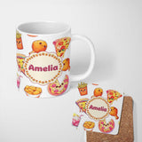 Personalized Custom Name Cute Kawaii Pizza Chicken Soda Fast Food Seamless Pattern White 11oz Ceramic Coffee Tea Mug White Large Handle