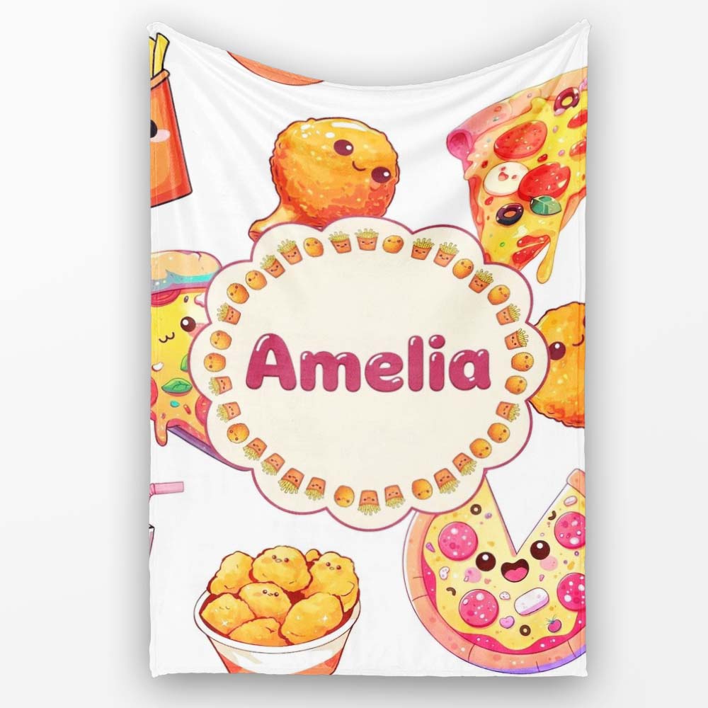 Cute Kawaii Pizza Chicken Soda Fast Food Seamless Pattern White  Personalised Custom Name Super Soft Fleece Blanket Bed Sofa Throw