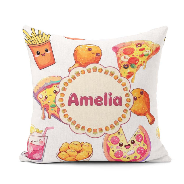 Custom Name Kawaii Pizza Chicken Soda Fast Food Seamless Pattern Square Filled Cushion Throw Pillow Sofa Bed Home Decor Zip Washable UK Made