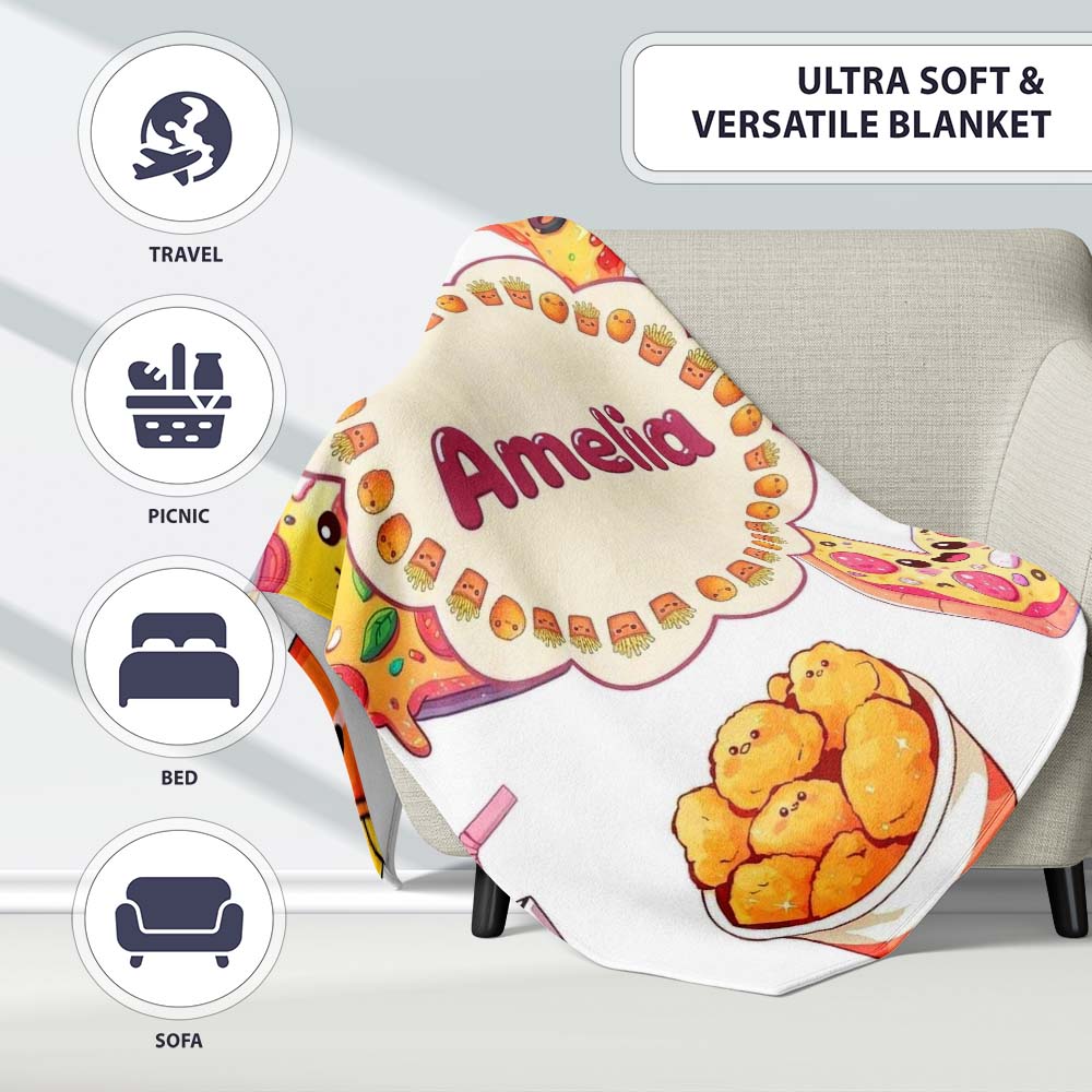 Cute Kawaii Pizza Chicken Soda Fast Food Seamless Pattern White  Personalised Custom Name Super Soft Fleece Blanket Bed Sofa Throw