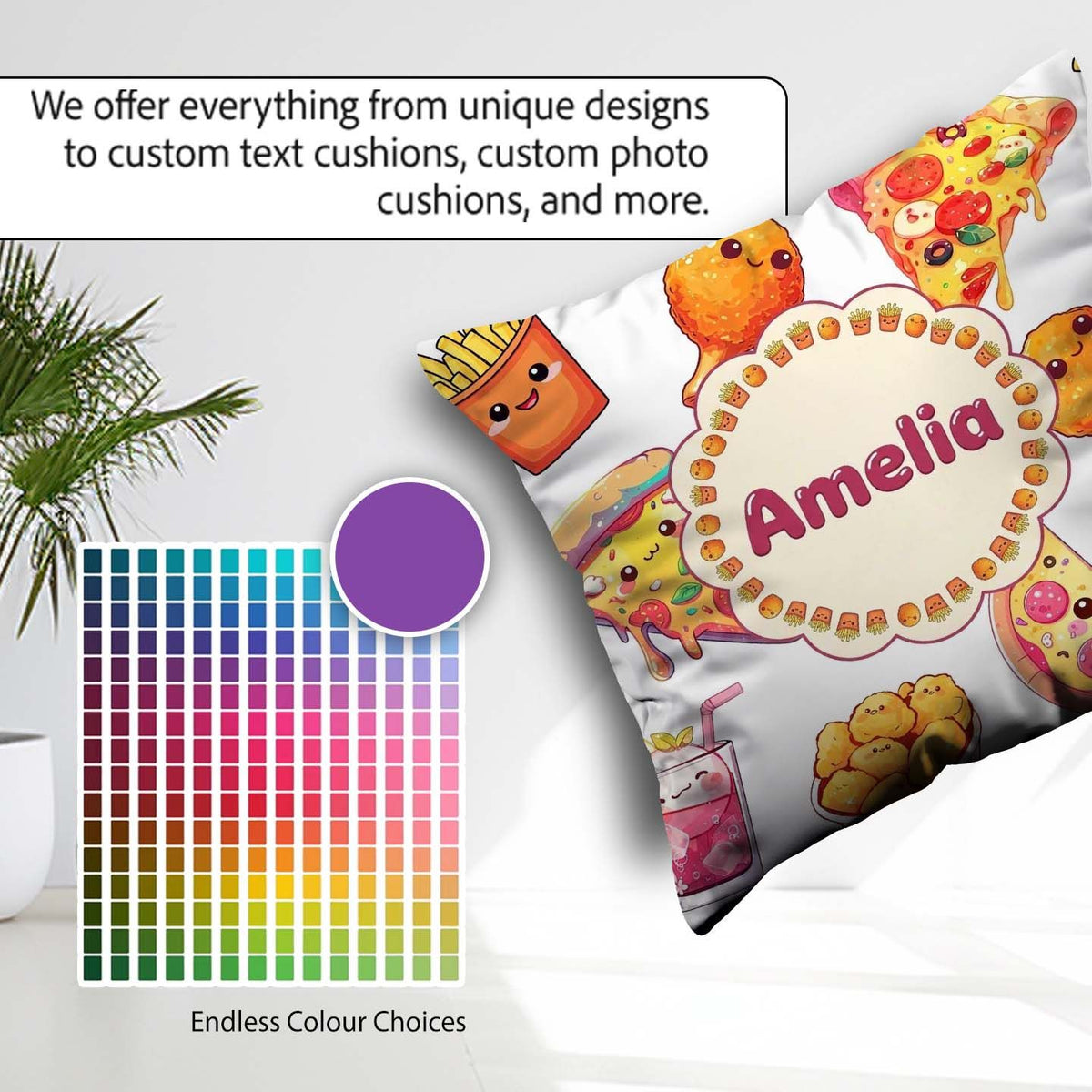 Custom Name Kawaii Pizza Chicken Soda Fast Food Seamless Pattern Square Filled Cushion Throw Pillow Sofa Bed Home Decor Zip Washable UK Made