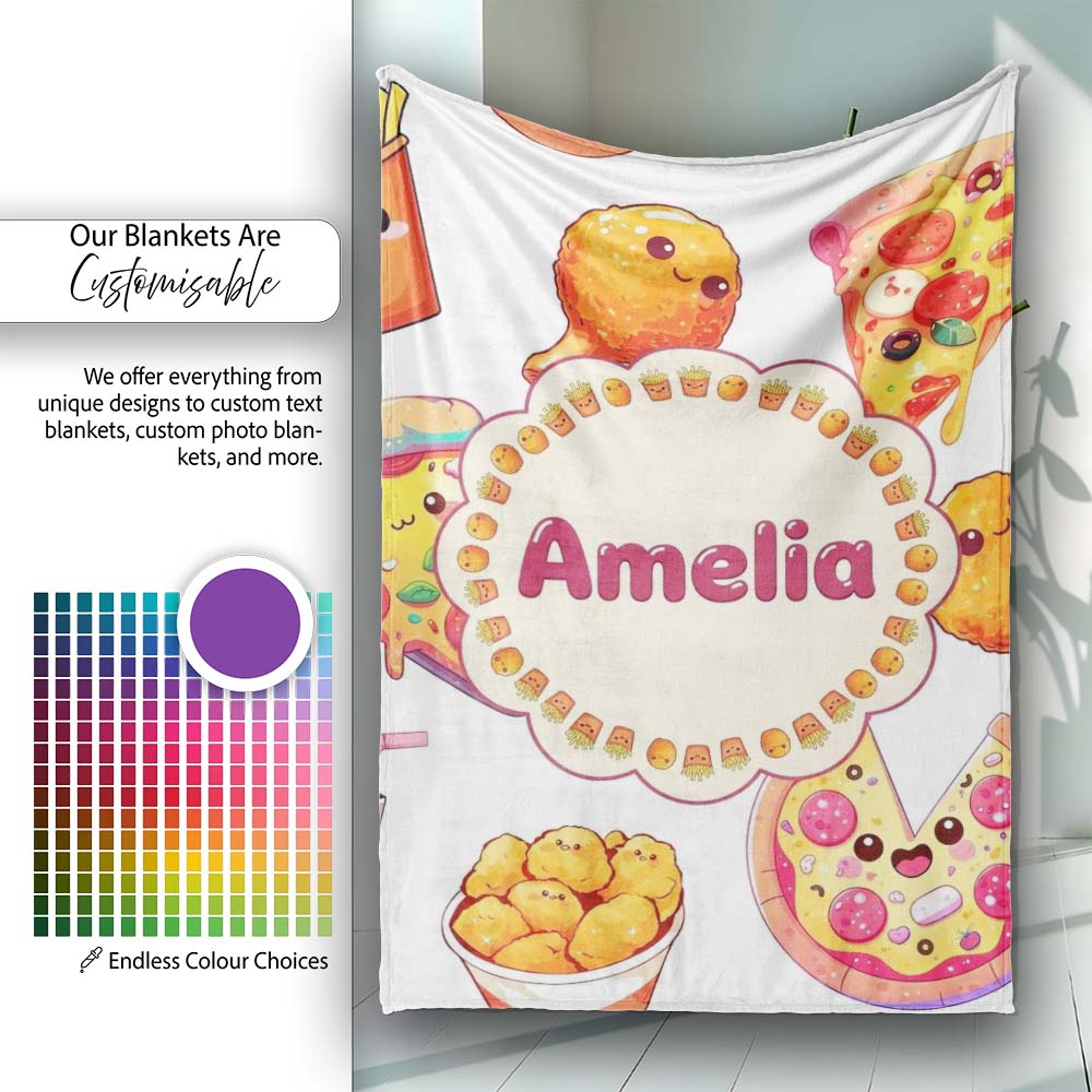Cute Kawaii Pizza Chicken Soda Fast Food Seamless Pattern White  Personalised Custom Name Super Soft Fleece Blanket Bed Sofa Throw