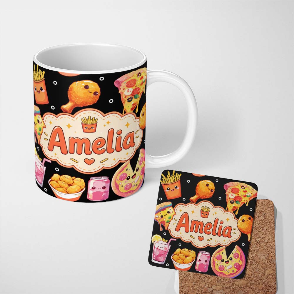 Personalized Custom Name Kawaii Pizza Chicken Soda Fast Food Seamless Pattern Clean White 11oz Ceramic Coffee Tea Mug White Large Handle