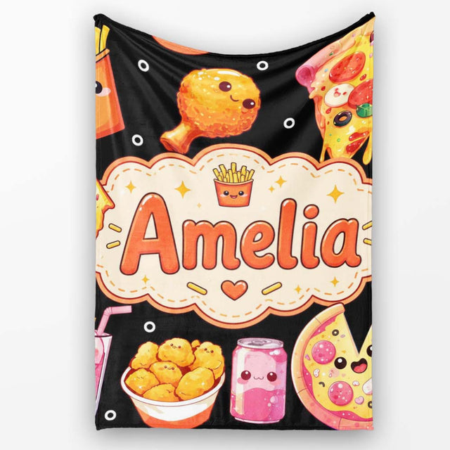 Kawaii Pizza Chicken Soda Fast Food Seamless Pattern Clean White  Personalised Custom Name Super Soft Fleece Blanket Bed Sofa Throw