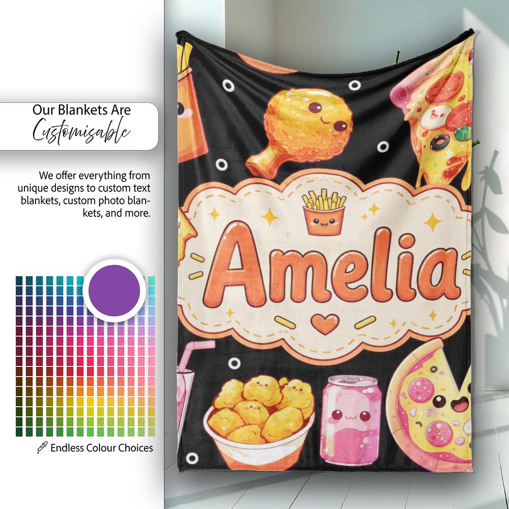 Kawaii Pizza Chicken Soda Fast Food Seamless Pattern Clean White  Personalised Custom Name Super Soft Fleece Blanket Bed Sofa Throw