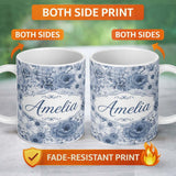Personalized Custom Name Soft Blue Toned Floral Bouquet Seamless Pattern with Roses Peonies 11oz Ceramic Coffee Tea Mug White Large Handle