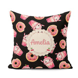 Custom Name Kawaii Donut Milkshake Dessert Seamless Pattern Pink Square Filled Cushion Throw Pillow Sofa Bed Home Decor Zip Washable UK Made