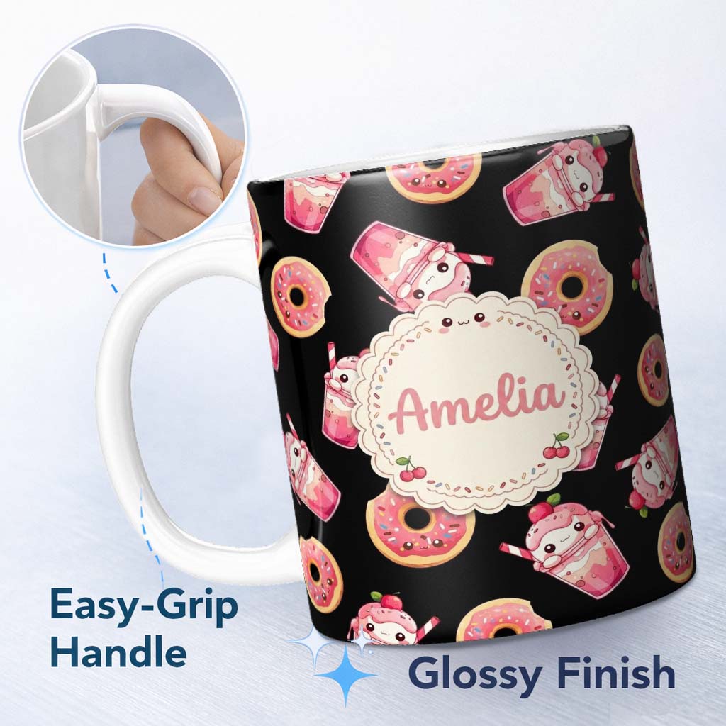 Personalized Custom Name Cute Kawaii Donut Milkshake Dessert Seamless Pattern Pink White 11oz Ceramic Coffee Tea Mug White Large Handle
