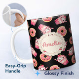 Personalized Custom Name Cute Kawaii Donut Milkshake Dessert Seamless Pattern Pink White 11oz Ceramic Coffee Tea Mug White Large Handle