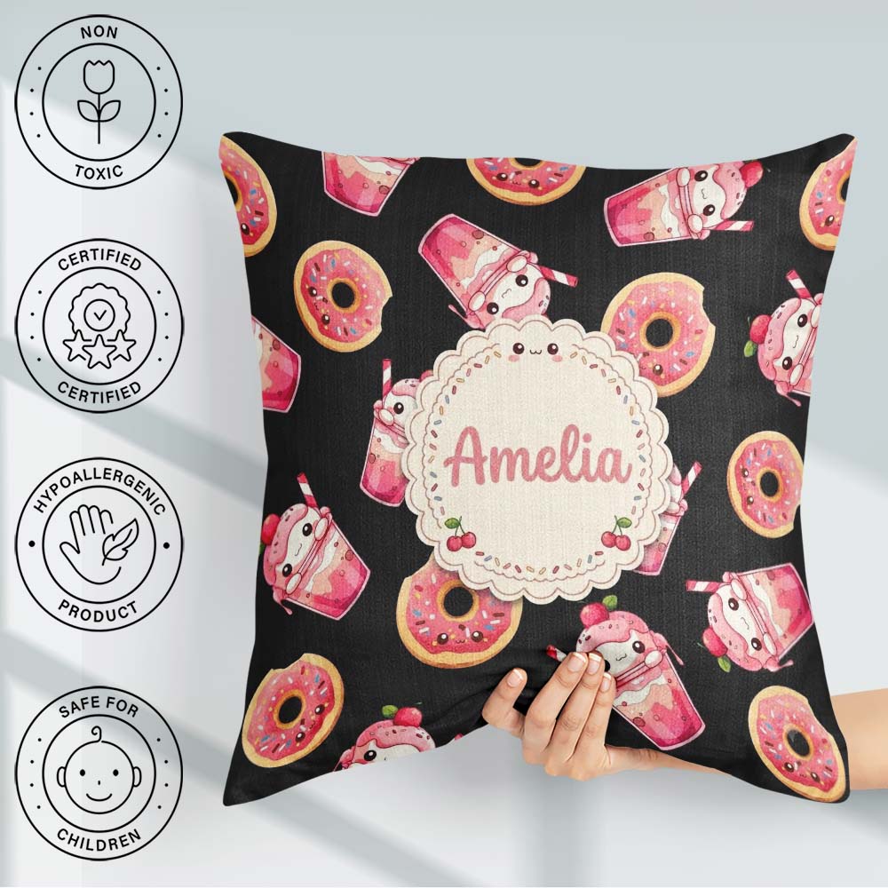 Custom Name Kawaii Donut Milkshake Dessert Seamless Pattern Pink Square Filled Cushion Throw Pillow Sofa Bed Home Decor Zip Washable UK Made