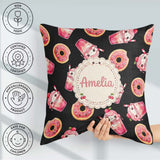 Custom Name Kawaii Donut Milkshake Dessert Seamless Pattern Pink Square Filled Cushion Throw Pillow Sofa Bed Home Decor Zip Washable UK Made