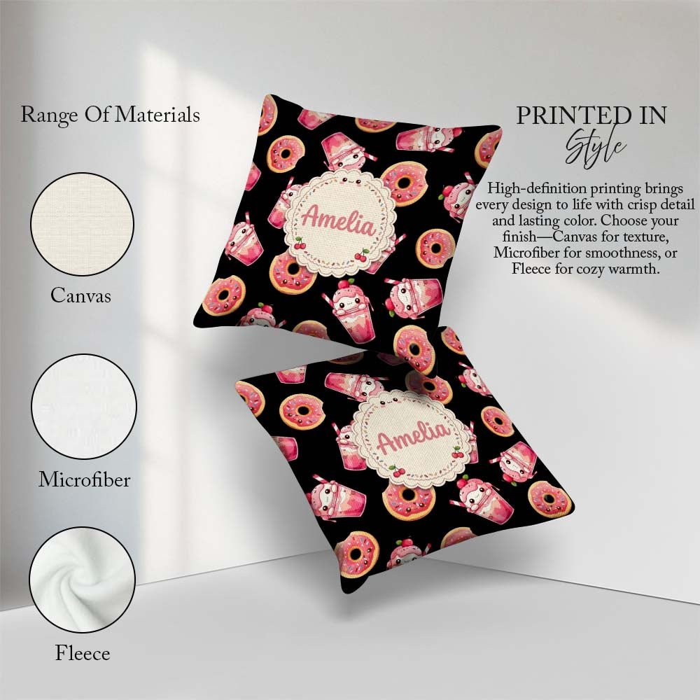 Custom Name Kawaii Donut Milkshake Dessert Seamless Pattern Pink Square Filled Cushion Throw Pillow Sofa Bed Home Decor Zip Washable UK Made