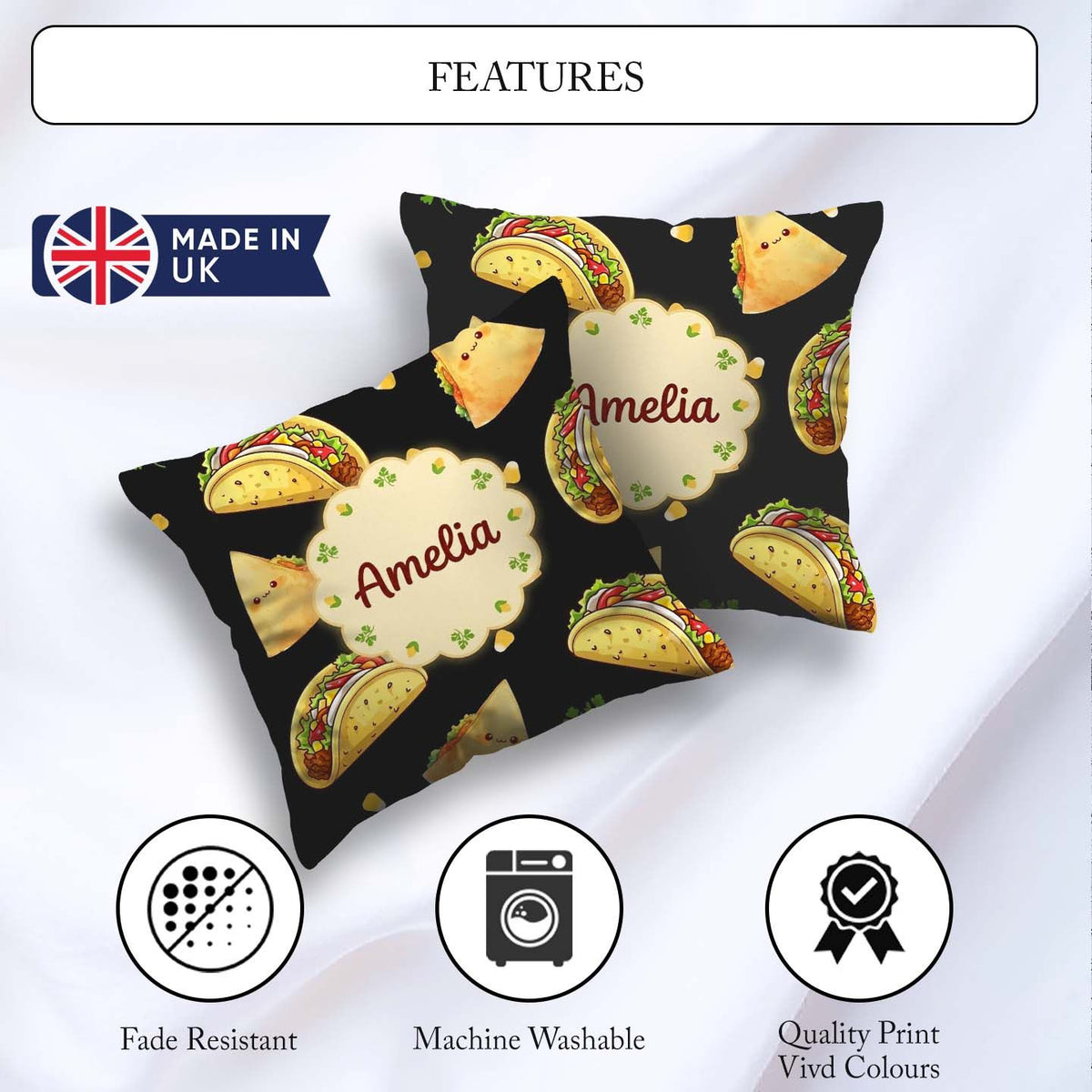 Custom Name Kawaii Taco Wrap Mexican Food Seamless Pattern White Square Filled Cushion Throw Pillow Sofa Bed Home Decor Zip Washable UK Made