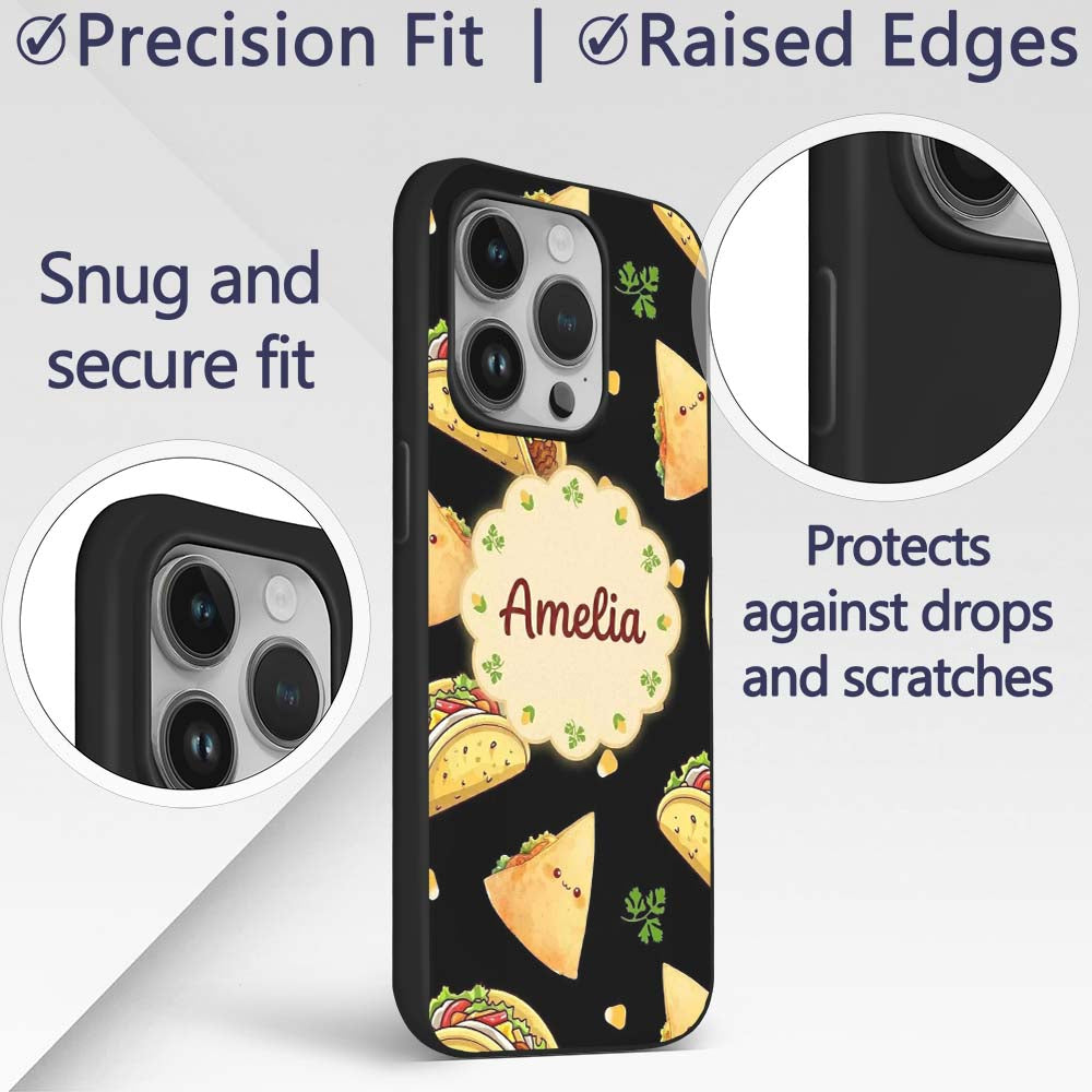 Cute Kawaii Taco Wrap Mexican Food Printed Design Custom Name Protective Phone Case Mobile Cover Durable Everyday Smartphone Shock Resistant