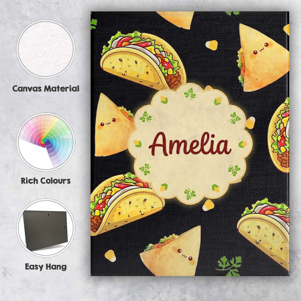 Personalised Name Cute Kawaii Taco Wrap Custom  Modern Room Accent Elegant Feature Canvas Wall Art Print Decor Picture Ready to Hang