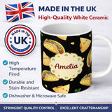 Personalized Custom Name Cute Kawaii Taco Wrap Mexican Food Seamless Pattern White 11oz Ceramic Coffee Tea Mug White Large Handle