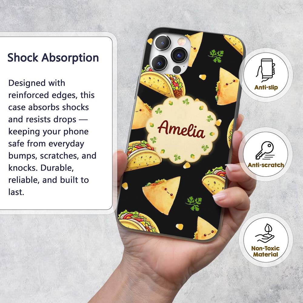 Cute Kawaii Taco Wrap Mexican Food Printed Design Custom Name Protective Phone Case Mobile Cover Durable Everyday Smartphone Shock Resistant