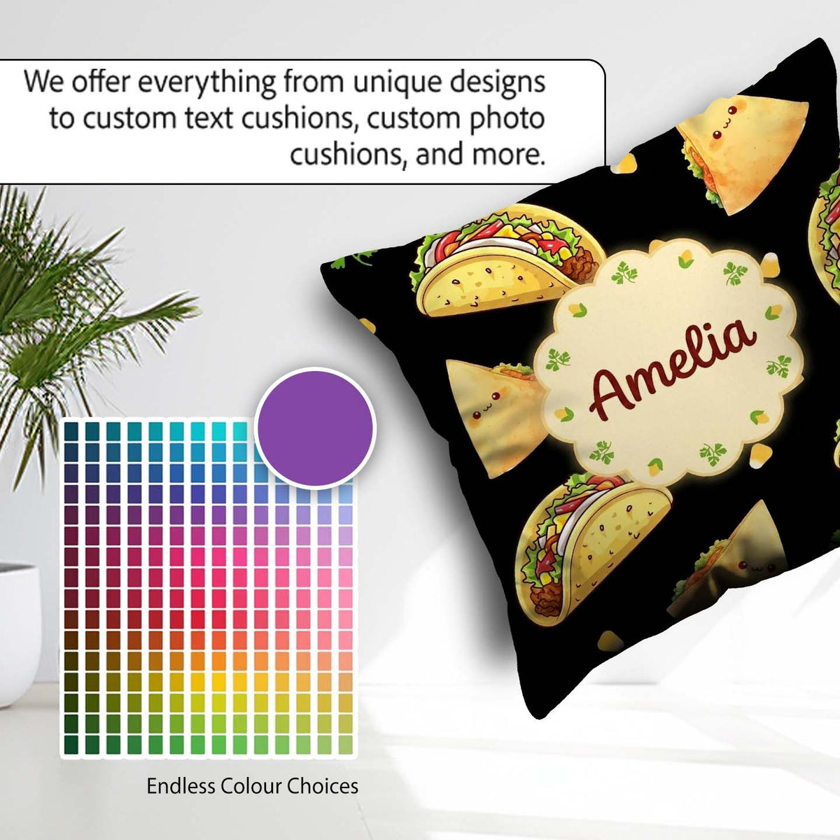 Custom Name Kawaii Taco Wrap Mexican Food Seamless Pattern White Square Filled Cushion Throw Pillow Sofa Bed Home Decor Zip Washable UK Made