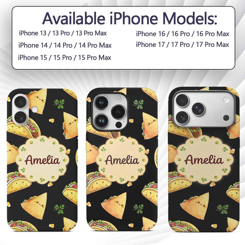 Cute Kawaii Taco Wrap Mexican Food Printed Design Custom Name Protective Phone Case Mobile Cover Durable Everyday Smartphone Shock Resistant