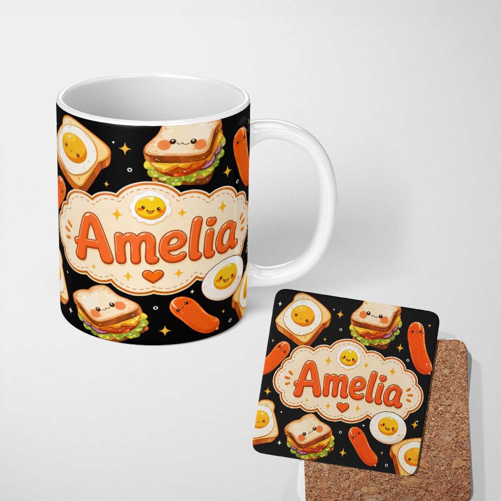 Personalized Custom Name Kawaii Breakfast Food Characters Eggs Toast Sausage Cute Seamless 11oz Ceramic Coffee Tea Mug White Large Handle
