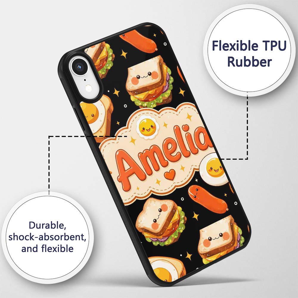 Kawaii Breakfast Food Characters Printed Design Custom Name Protective Phone Case Mobile Cover Durable Everyday Smartphone Shock Resistant