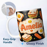 Personalized Custom Name Kawaii Breakfast Food Characters Eggs Toast Sausage Cute Seamless 11oz Ceramic Coffee Tea Mug White Large Handle