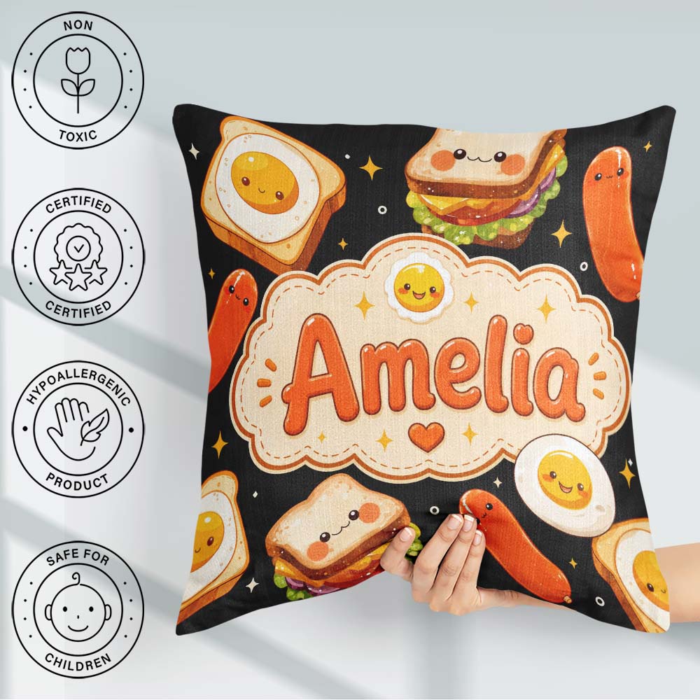 Custom Name Kawaii Breakfast Food Characters Eggs Toast Seamless Square Filled Cushion Throw Pillow Sofa Bed Home Decor Zip Washable UK Made