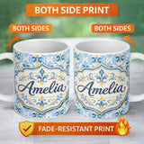 Personalized Custom Name Classic Blue Yellow Tile Floral Motif Seamless Pattern Lovely 11oz Ceramic Coffee Tea Mug White Large Handle