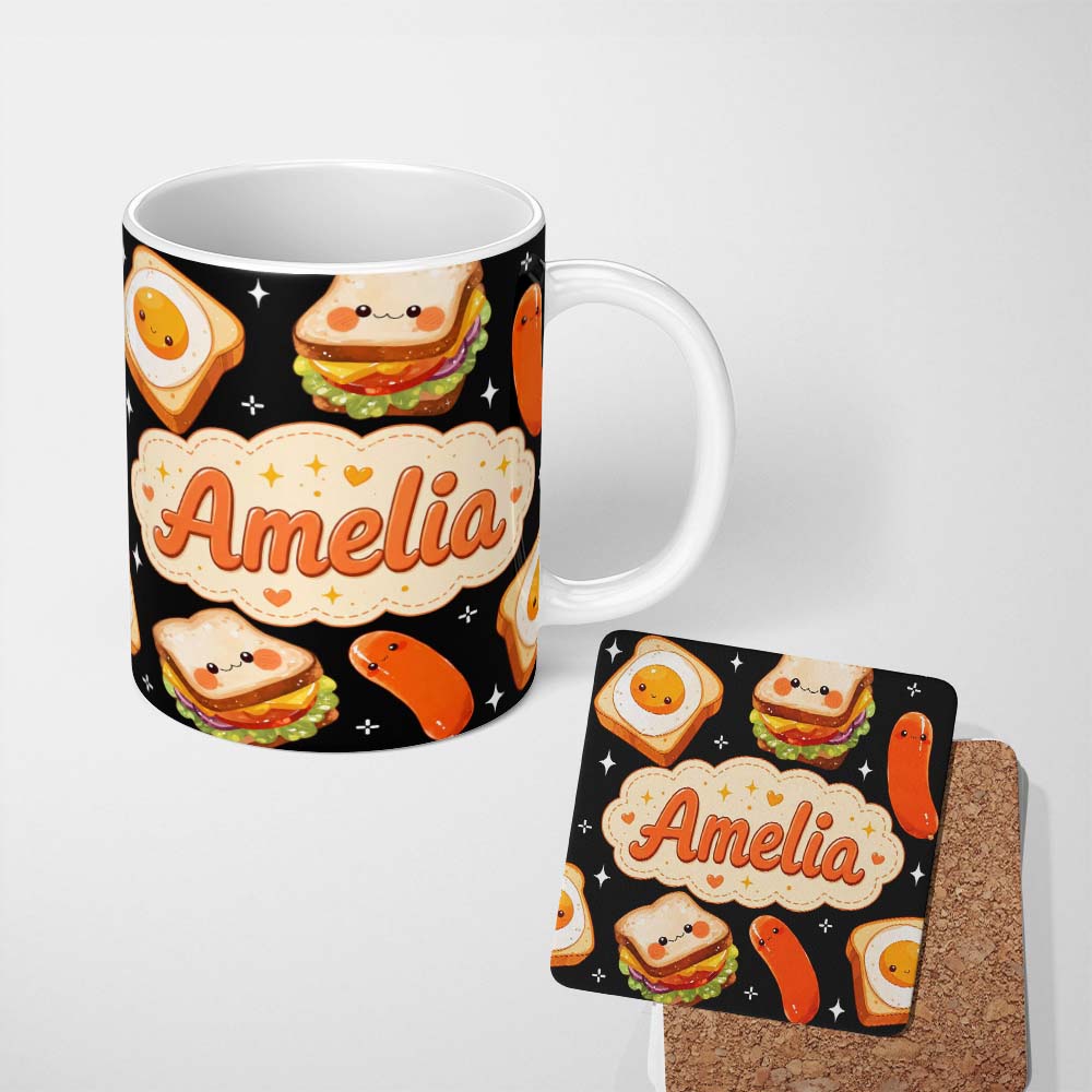 Personalized Custom Name Kawaii Breakfast Food Characters Eggs Toast Sausage Sparkle 11oz Ceramic Coffee Tea Mug White Large Handle