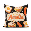 Custom Name Breakfast Food Characters Eggs Toast Sausage Sparkle Square Filled Cushion Throw Pillow Sofa Bed Home Decor Zip Washable UK Made