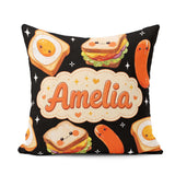 Custom Name Breakfast Food Characters Eggs Toast Sausage Sparkle Square Filled Cushion Throw Pillow Sofa Bed Home Decor Zip Washable UK Made