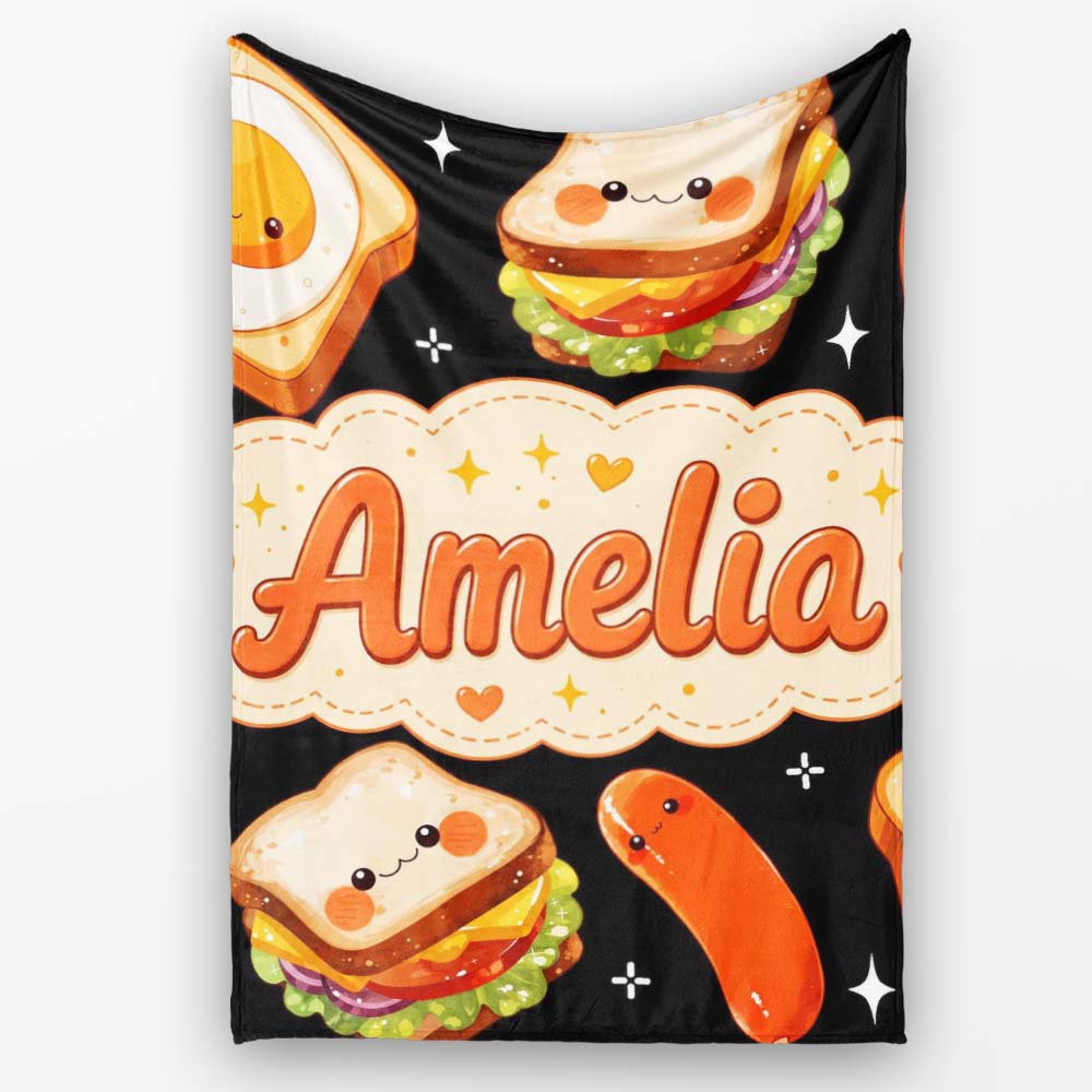 Kawaii Breakfast Food Characters Eggs Toast Sausage Sparkle  Personalised Custom Name Super Soft Fleece Blanket Bed Sofa Throw