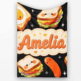 Kawaii Breakfast Food Characters Eggs Toast Sausage Sparkle  Personalised Custom Name Super Soft Fleece Blanket Bed Sofa Throw