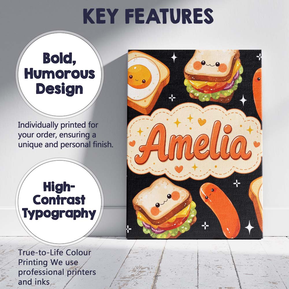 Personalised Name Kawaii Breakfast Food Custom  Modern Room Accent Elegant Feature Canvas Wall Art Print Decor Picture Ready to Hang