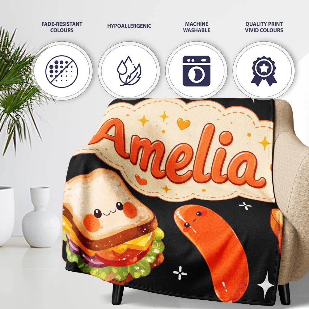 Kawaii Breakfast Food Characters Eggs Toast Sausage Sparkle  Personalised Custom Name Super Soft Fleece Blanket Bed Sofa Throw