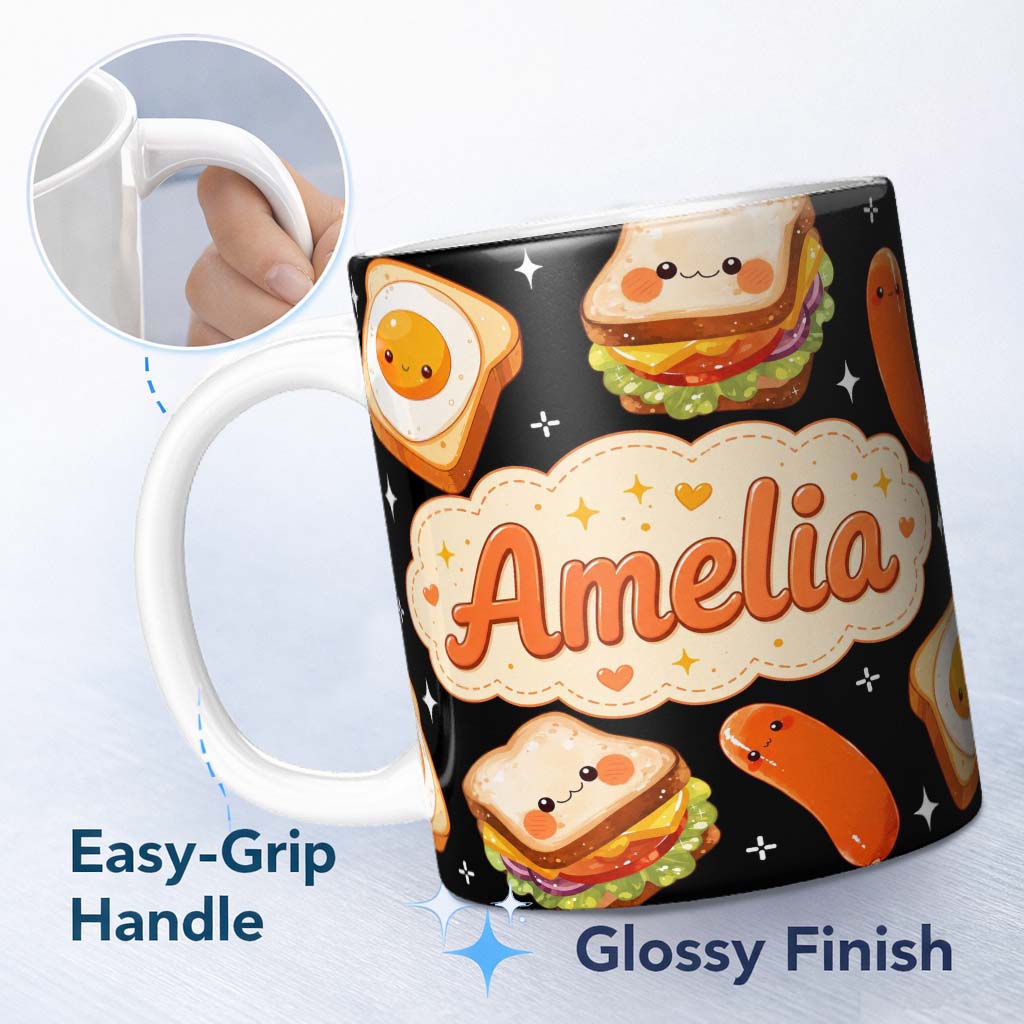 Personalized Custom Name Kawaii Breakfast Food Characters Eggs Toast Sausage Sparkle 11oz Ceramic Coffee Tea Mug White Large Handle