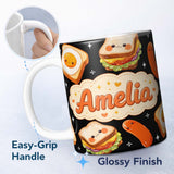 Personalized Custom Name Kawaii Breakfast Food Characters Eggs Toast Sausage Sparkle 11oz Ceramic Coffee Tea Mug White Large Handle