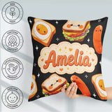 Custom Name Breakfast Food Characters Eggs Toast Sausage Sparkle Square Filled Cushion Throw Pillow Sofa Bed Home Decor Zip Washable UK Made