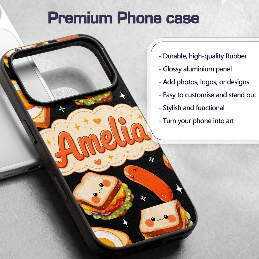 Kawaii Breakfast Food Characters Printed Design Custom Name Protective Phone Case Mobile Cover Durable Everyday Smartphone Shock Resistant