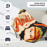 Kawaii Breakfast Food Characters Eggs Toast Sausage Sparkle  Personalised Custom Name Super Soft Fleece Blanket Bed Sofa Throw
